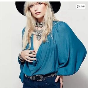 Free People Cowling Around Jade Green Balloon Sleeve Boho Blouse